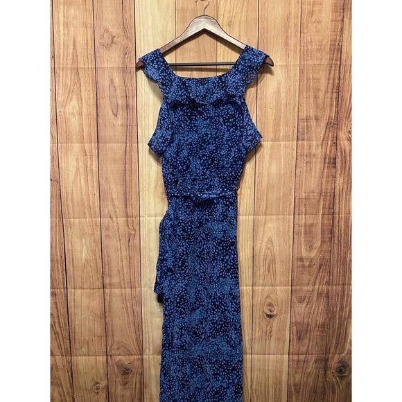 HALSTON XL Cobalt Blue Ruffled Cold-Shoulder Maxi Dress Flowy Carmen sleeves - Picture 2 of 9